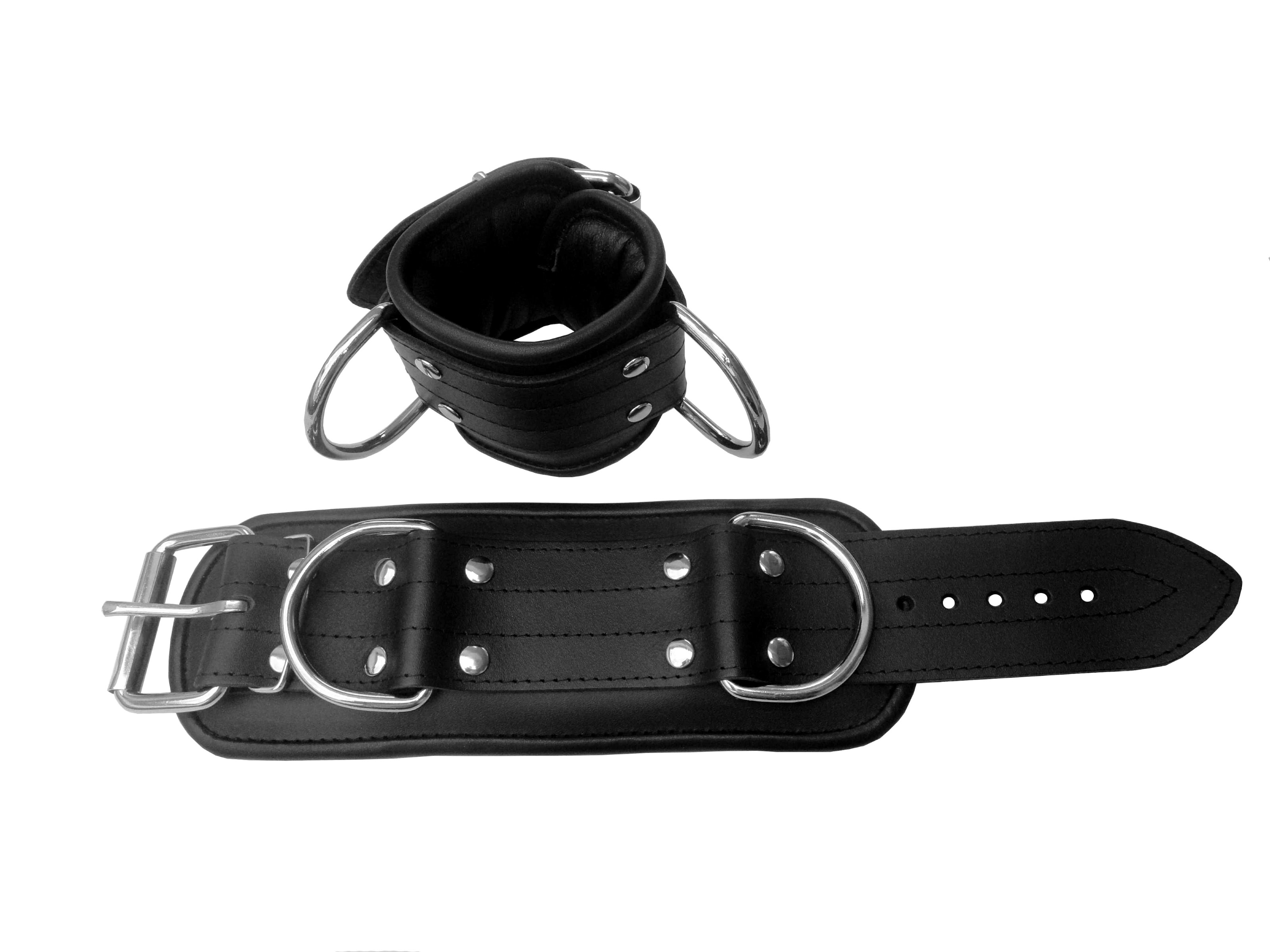 Leder Handfessel schwarz mit großen D-Ringen